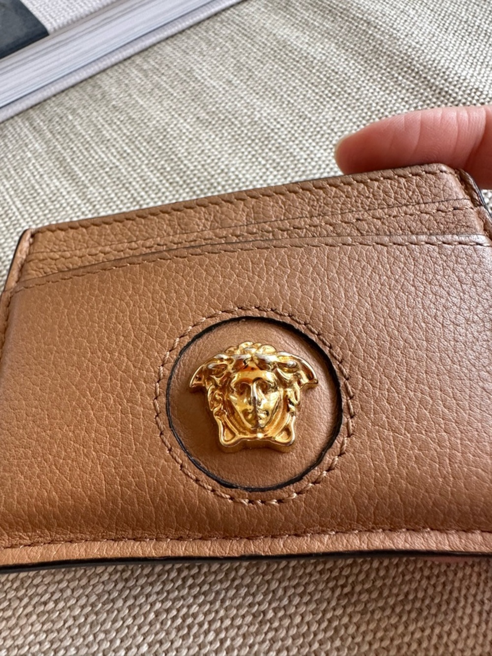 Versace Tan Leather Card Holder with Gold Medusa Accent